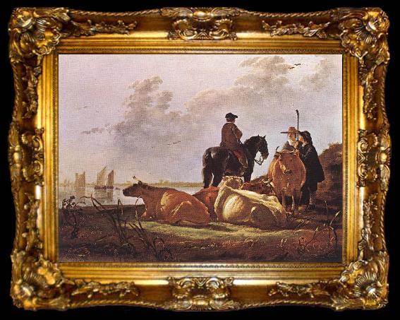 framed  CUYP, Aelbert Peasants with Four Cows by the River Merwede dfg, ta009-2